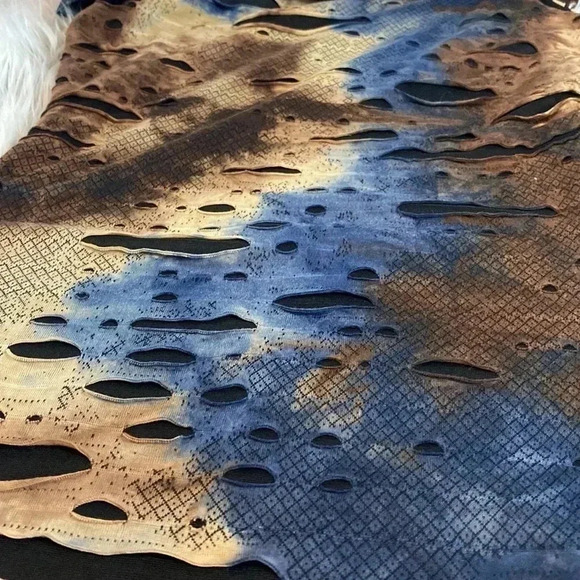 Samuel Dong Cowl Neck Brown and Blue Post Ripped Dress, L - Picture 5 of 9